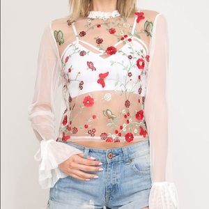 Long sleeve embroidered mesh top